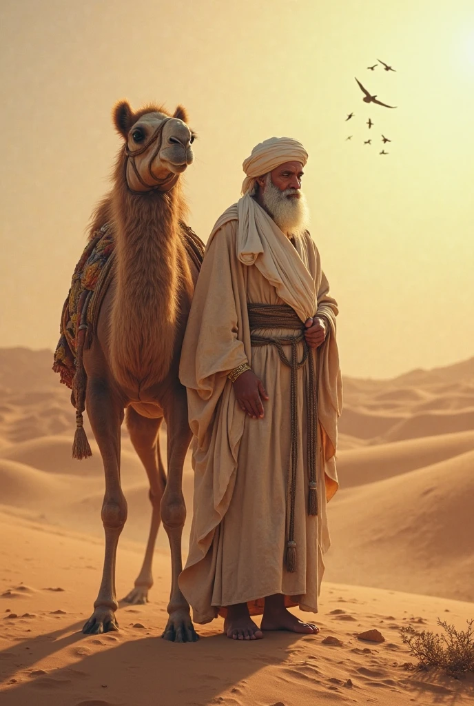 "An elderly religious man wearing  a turban from ancient times, walking beside a camel in a vast desert. The warm glow of the setting moon bathes the scene in a sky light, highlighting the spiritual and serene atmosphere thhe scenes captured is from backside."