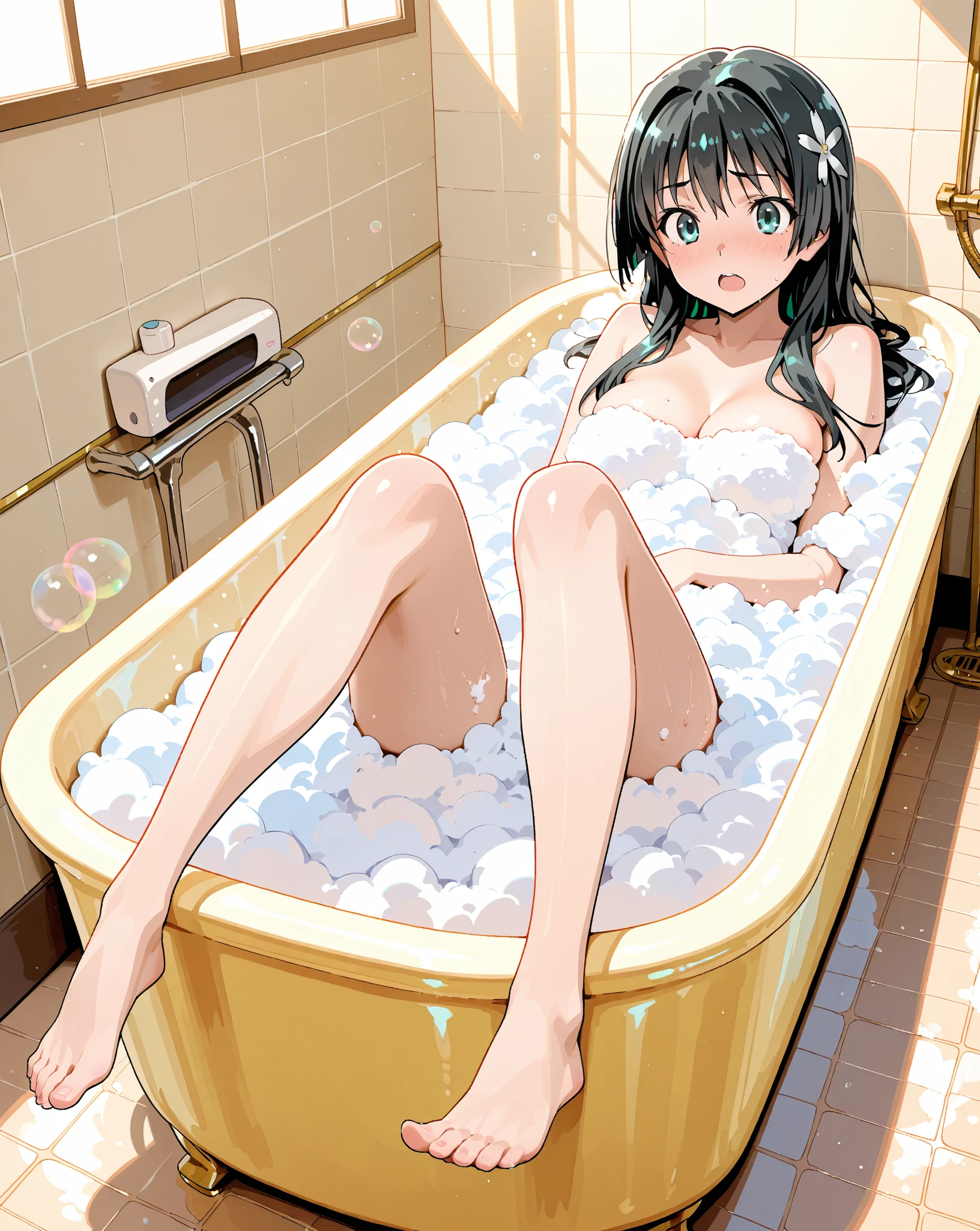 A , thin, lies naked with her legs spread, on a bathtub filled with urine