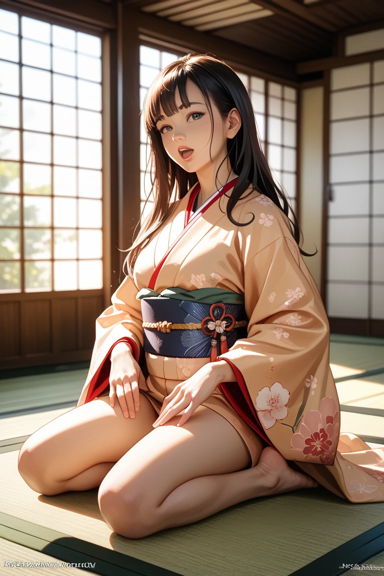 (fashion magazine gravure:1.3),(masterpiece, best quality:1.1),gravure photo of a girl from the Edo period, (tween girl takes off her yukata and exposes her masturbation),open mouth,closed eyes,nipples,cute pussy,posing in a variable color yukata,variable pattern yukata,model posing,summer,whole body,(detailed face,)
