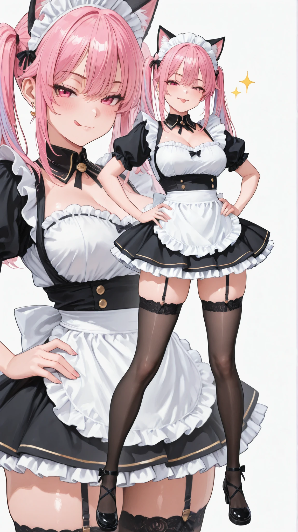 (masterpiece, best quality, ultra-detailed, high resolution, detailed eyes), takeda hiromitsu style, 1 woman, solo, long ponytail black hair, large breasts, looking at viewer, cowboy shot, glasses, (maid costume), skirt lift, showing panties, black panty, garter belt, stocking