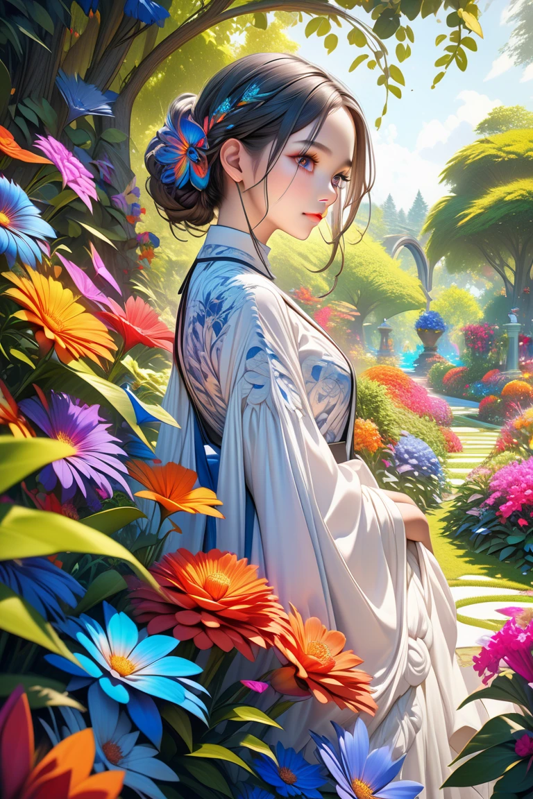 vivid illumination, enchanting elegance, atmospheric depth, masterful technique, naturalistic representations, harmonious composition, creative refinement, striking juxtapositions,evocative hues, captivating coloration, dramatic lighting,
1girl,solo,
research station,
outdoor,
Spirituality,
garden, blossoms, peaceful,