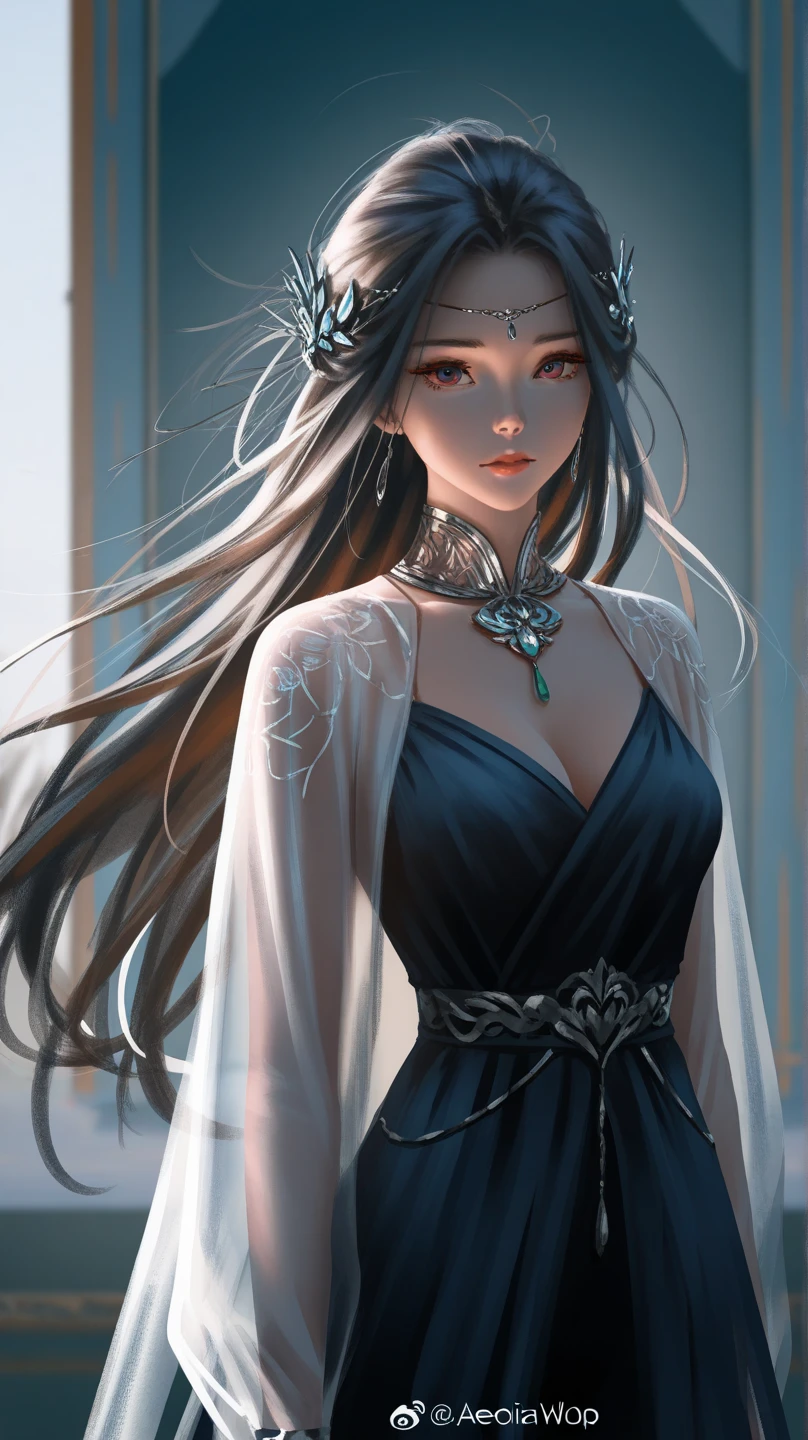 (portrait photo:1.3), adult woman, 38 year old female, medium breasts, wearing HUD_spr_armr, jeweled tiara, long chiffon dress, detached sleeves, jewelry, intricate engraved metal neckpiece, belt, pauldrons,<lora:HUD_spr_armr-07:0.65>, (long black wavy hair:1.2), cinematic, dramatic, 4k