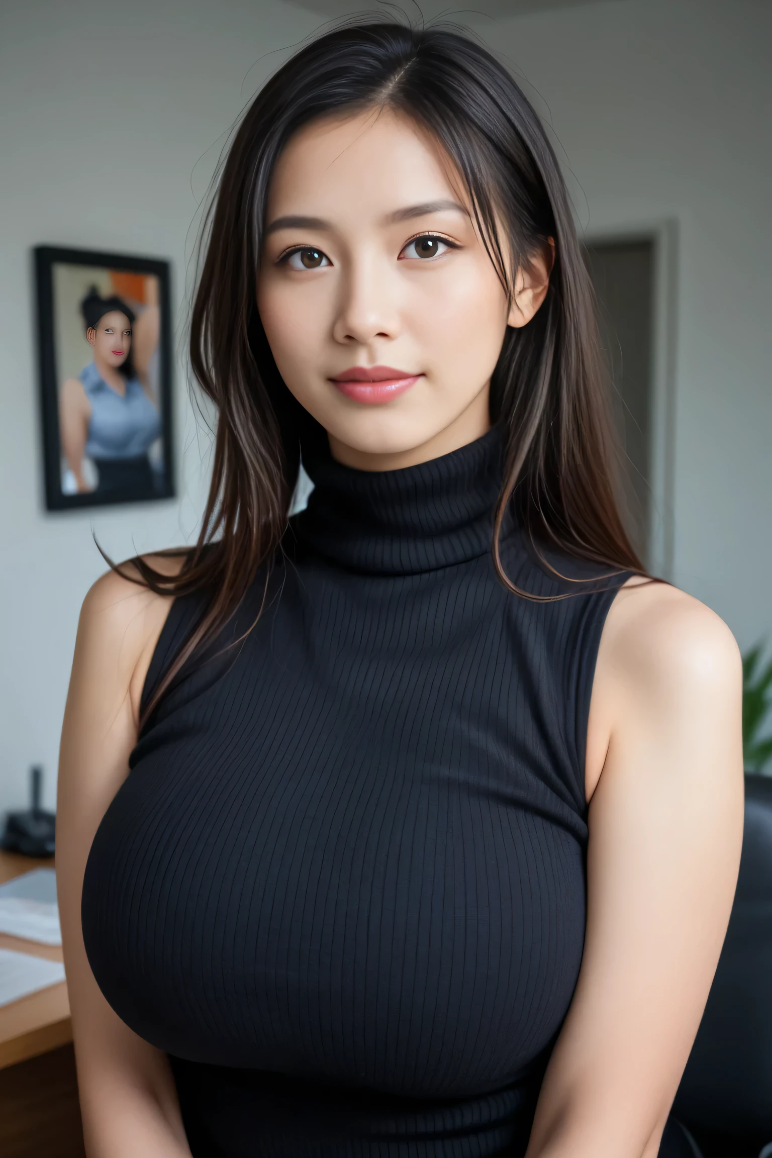((masterpiece, best quality, 最HDのKiによる撮影, HD , Photorealistic, RAW photos , very detailed CG integrated 8K wallpaper)), 1 girl , alone, beautiful young woman, Realistic Skin Texture , office, ((( turtleneck , , sleeveless, 細いupper body, a slightly proud expression , upper body))), (unbelievably big breasts:10000000) , (huge breasts:10000000000) , (Extremely Large Breasts:100000000000000000000000) , (big fake breasts:100000000000000000000000000000000000000000000000000000000000000000000000000000000000000000000000000000000000000000000000000000000000000000000000000000) , Big round breasts