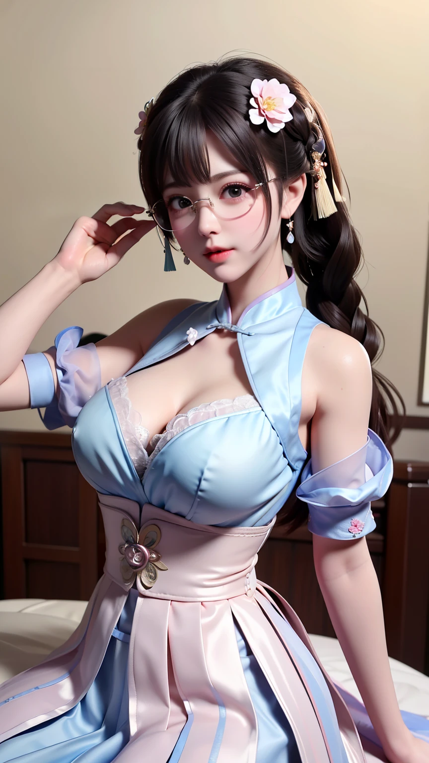 Wet-breasted Hanfu dynasty open V-chested clothes royal, All pictures, Wet body of thin silk fabric, Thin silk lace petticoat,princess 8 yeald old cute, hight resolution、ighly detailed、extremely delicate and beautiful、intricate detailes、face muscles、a beautiful detailed girl、Natural makeup、extra detailed face, (huge boobs,cleavage),petticoat, white pink, blue ,best qualtiy,tmasterpiece,超高分辨率,(真实感:1.4),RAW photogr,(True skin texture:1.3),(filmgrain:1.3),(Selfie angle),1个Giant Breast Girl,Beautiful eye and face details,tmasterpiece,Best quality at best,exposing thighs,Bigchest,The chest is more exposed,short detailed hair,above looking down facing at camera,short dressPrincess Eyes,Super big eyes,Detailed face,shiny pupils, randome color short dress