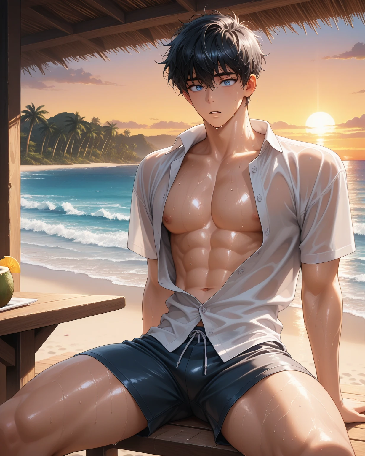 man, naked torso, black swimwear, lustful look, wet hair, sitting in a street cafe, eating ice cream, ice cream drops on his body, beach and sea in the background, detailed face, detailed hands, detailed legs, detailed fingers, detailed hair, detailed eyes, detailed skin, dynamic lighting, 8k uhd, (hyper realistic), (photo realistic), (masterpiece), (best quality), (1boy)
