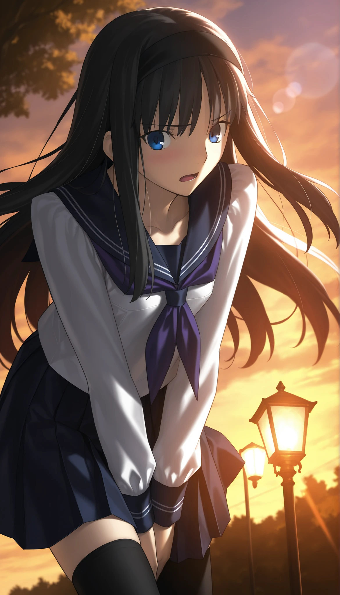 masterpiece, , absurdres, highres, detailed background, high resolution, masterpiece, necessary, detail, best quality, quality, necessary, details, High details, Precise, dark, outdoors, dappled sunlight, (evening, lamp), lens flare, blurry background, from below, solo,
1girl, Takeuchi Takashi (type-moon,tsukihime) style, takeuchi takashi style,((wind lift)) , (pantie shot) ,(panicking) ,arms between legs,
tall girl, mature, Akiha_Tohno, (tsukihime), black hair, bangs, long hair, blue eyes, black headband, straight hair, tsurime, long sidelock, black thighhigh, bent over,
(school uniform , sailor collar , serafuku , light blue shirt , long sleeves , purple neckerchief , blue neckerchief ), white panties, , black skirt , pleated skirt , (small breasts, flat chest), , looking at viewer, light embarrassed ,