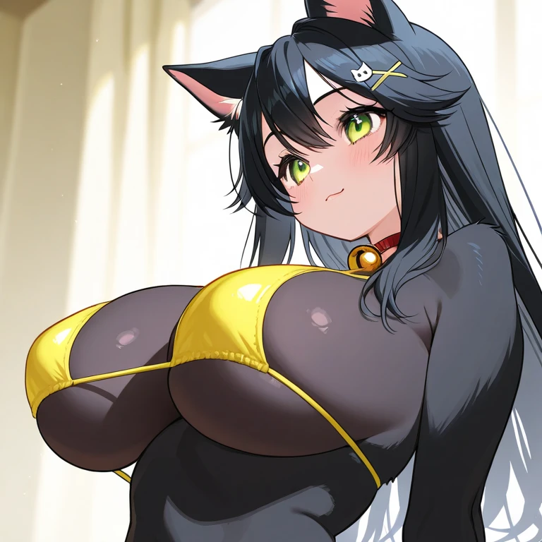 1girl with ((long)) black hair, dark skin, nude, cat ears, big breasts, orange eyes, smirk, outdoors, zoo Vallières, on all fours, cat tail, white stockings.