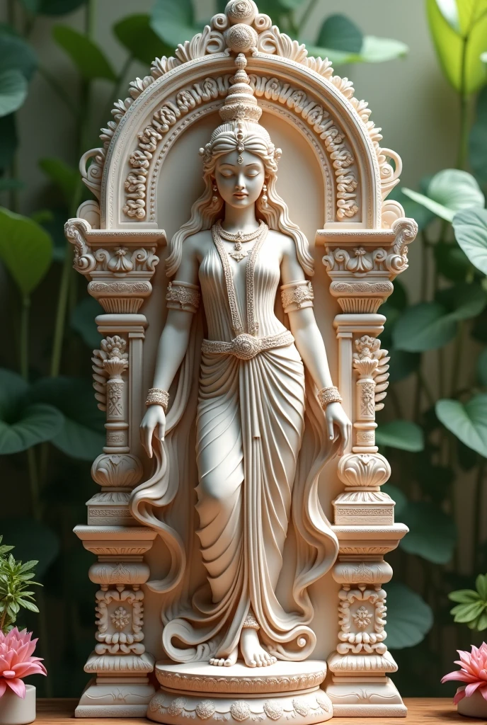 a marble statue of a woman goddess of self-esteem self-care beauty with various perfumes and mirrors on her feet