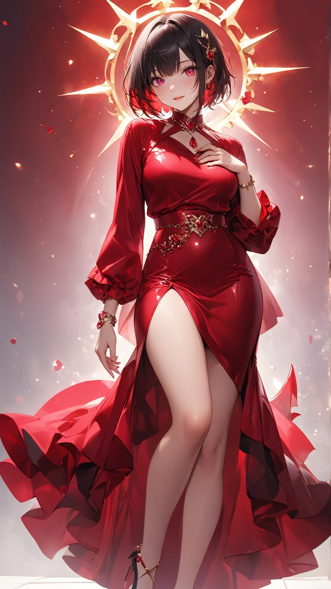(best quality,masterpiece,Ultra-high resolution,photoactual:4:0),In the ruined castle,beauty,Elegant temperament,an oriental woman,25 years old,8k,Long flowing red hair,Devil's Horn,Big breasts,cleavage,,Wearing red lolita style,Holding Death's Scythe,attack,