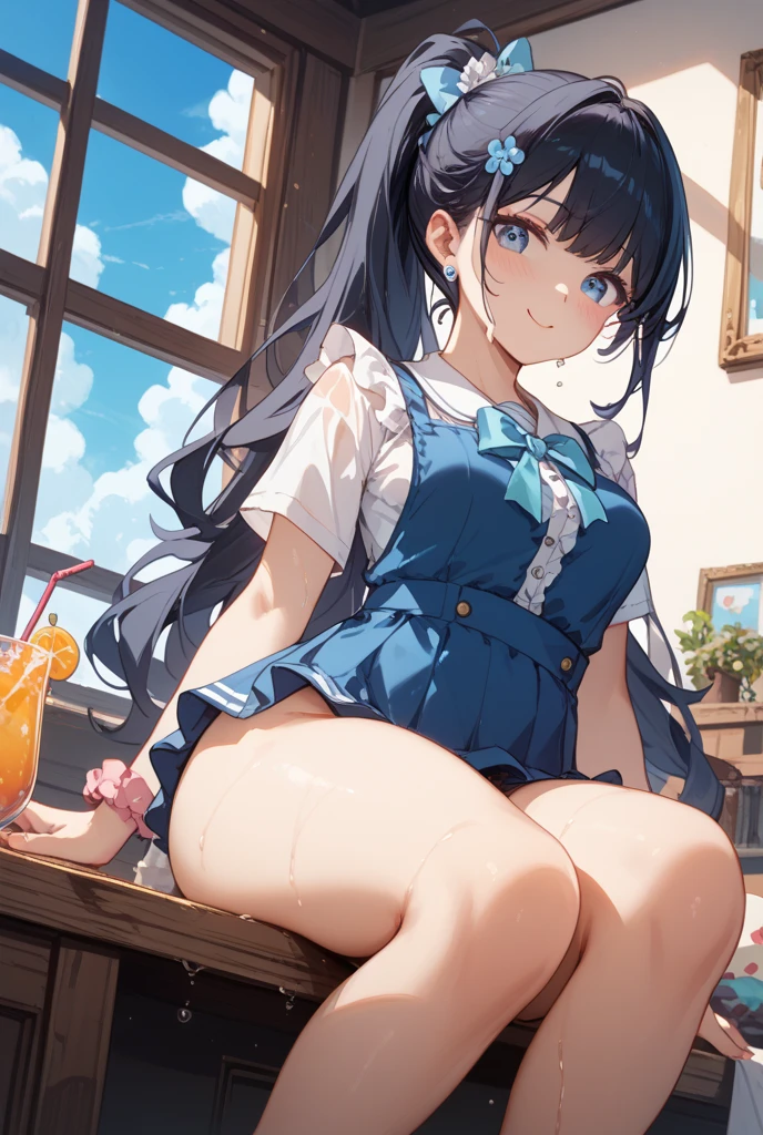 living room, bench, window, curtain, Dappled sunlight, Potted plants, table, cabinet,bookshelf, Paper, desk lamp, typewriter, girl sitting on the sofa (Large Breasts:1.0), (Large areola:1), , (Pure face_V1:0.5) blush