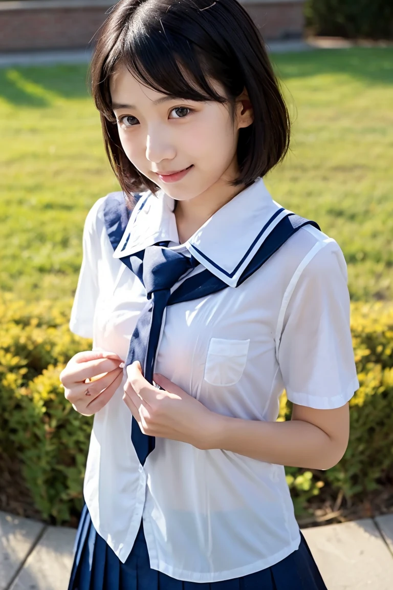 1Girl,((School uniform slush,light grin smile, Sitting,exteriors,Short hair,Spread your legs,I can see the panties,