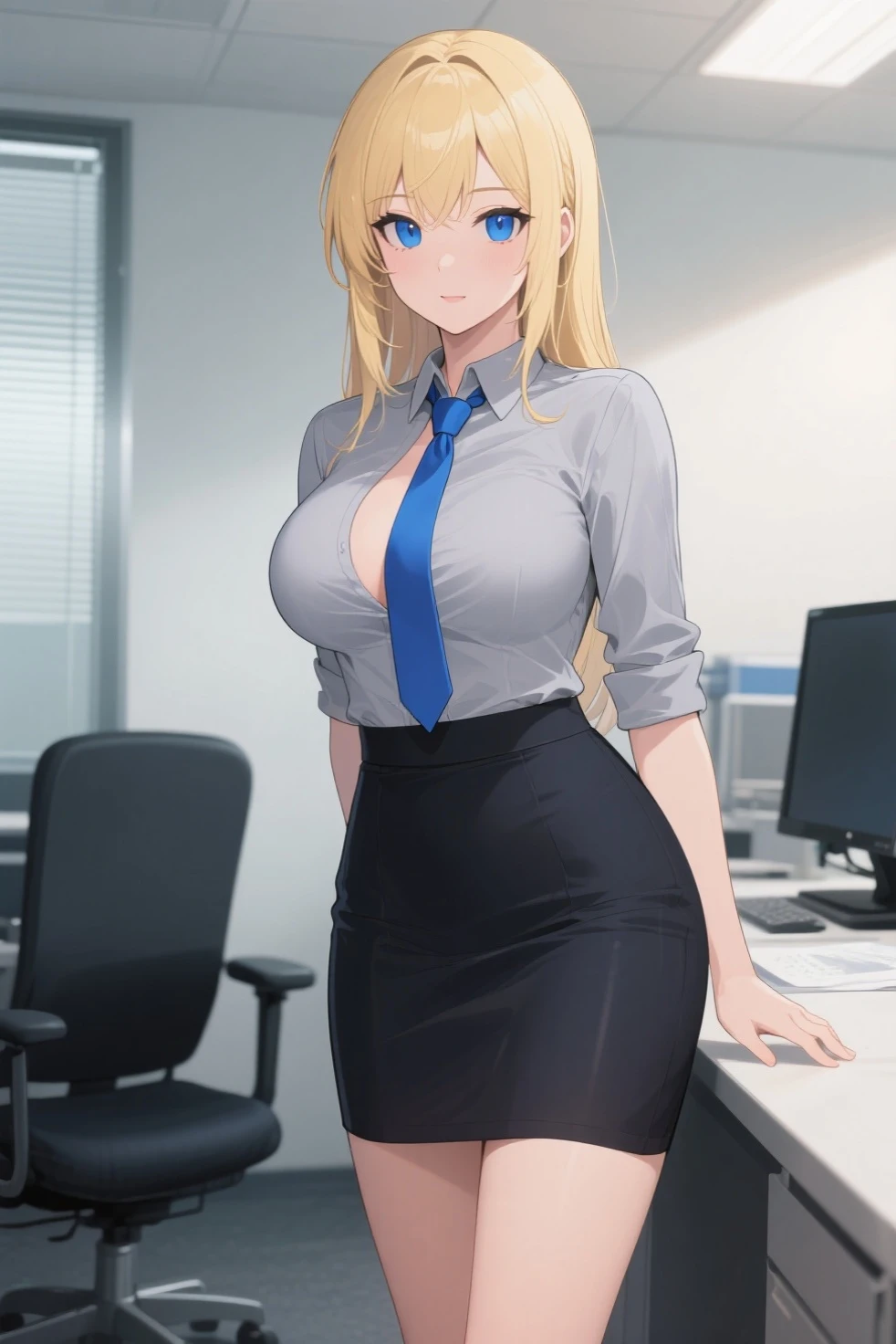 A woman wearing a white office t-shirt, wearing a tie around her neck, a black skirt, women's long socks, large breasts, long blonde hair, blue eyes, in an office in a large building, with tables, computers, a window overlooking several buildings, bright place, background blur effect, HDR, ultra resolution, well defined, masterpiece, 8K HD.