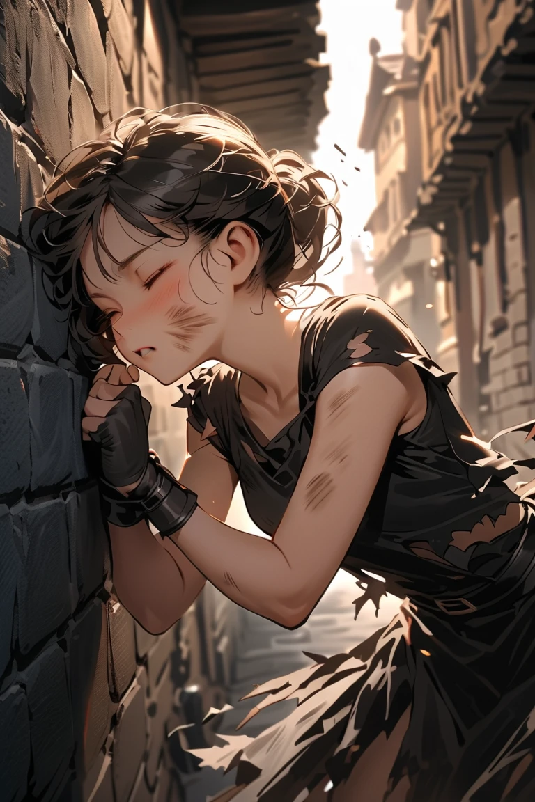 score_9, score_8_up, score_7_up, score_6_up, score_5_up, score_4_up, Concept: Post-apocalyptic Town Square Portrait
Subject:
Age: Young adult
Appearance: Pale skin, short chin-length hair, tired eyes with eyebags
Clothing: Simple, worn clothing appropriate for a post-apocalyptic setting
Optional: Slave leather choker collar and shackles
Posture: Standing, exhausted (hands behind her back, or bound wrists or wearing shackles)
Expression: Embarrassed and humiliated
Setting:
Location: Center of a post-apocalyptic town square
Style: Ruined buildings, debris, a sense of desolation
Style:
Art style: Masterpiece digital art, realistic, detailed