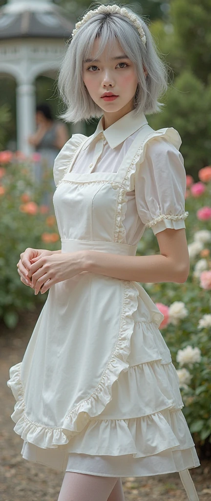 Highest quality, masterpiece, Ultra-high resolution, (Realistic:1.4),Beautiful woman,(Shortcuts),(Big Breasts) ,Beautiful Skin, Fine skin, 魅惑的なsmile, Background blur, smile, (Luxury Long Dress, Her high-quality polka-dot panties are visible from the hem of her dress.:1.3, Long sleeve ruffle, White maid apron, White prim head)