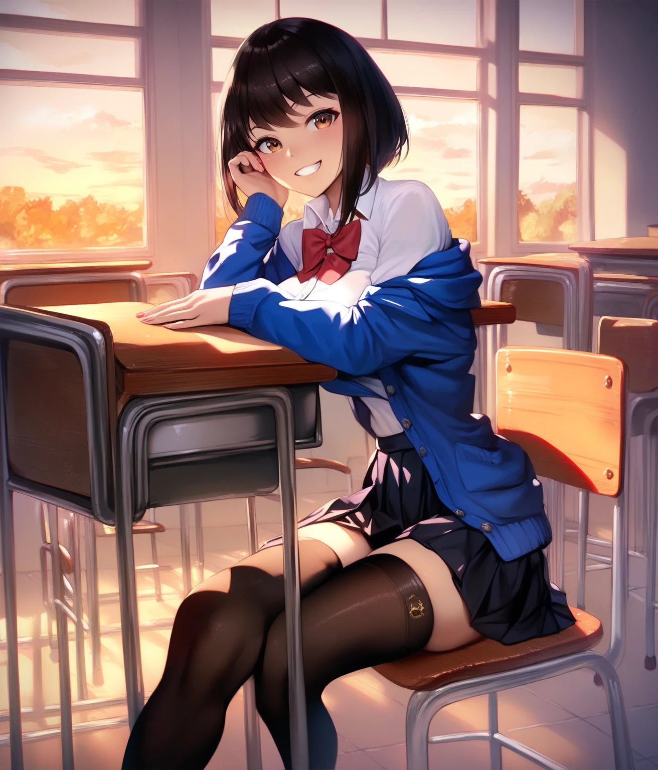 Highest quality, masterpiece, High resolution, (Head to Toe full body), front, frontやや下からの構図, Symmetric, Tall 18 year old girl, alone, (Head to Toe), (Small breasts), Unkempt brown hair, bangs, (black tights), (Black Pantyhose), (Sit with your legs apart), (Her legs were spread、(I was made to sit on the floor with my legs spread...), (M-shaped feet), Thin legs, Very beautiful 18 year old girl, (No shoes), blush, Shy big eyes, Looking into the camera, Blazer Uniform, Checkered Pleated Skirt、Star Town Suisei