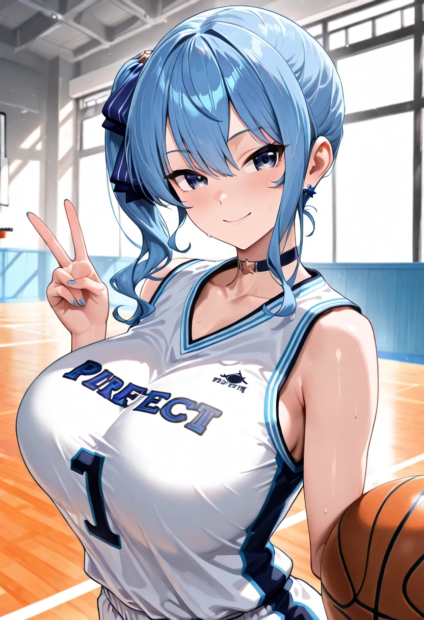 Ultra-realism、Detailed and realistic skin texture、Fine and exquisite texture、Detailed and exquisite brushwork、Detailed and vivid depictiotomically correct、Absurd beautifuls，Basketball game、whole bodyに汗をかく、Expressions of joy、beautiful、superiority、charm、since，charm的な、Fascinating、Adult、sexy、Breaking down a bold perspective、An inspiring composition、Backlight、A dark background to make your subject stand out、dramatic cinematographic lighting、Transparent full color、Dynamic Shot、（Shooting from above：1.3）， BREAK Redrawing the work into a vivid and lively piece、Highest qualityのレンダリング、Highest quality、Highest Resolution、whole body、Large Breasts, Blue Hair/Light blue hair, 