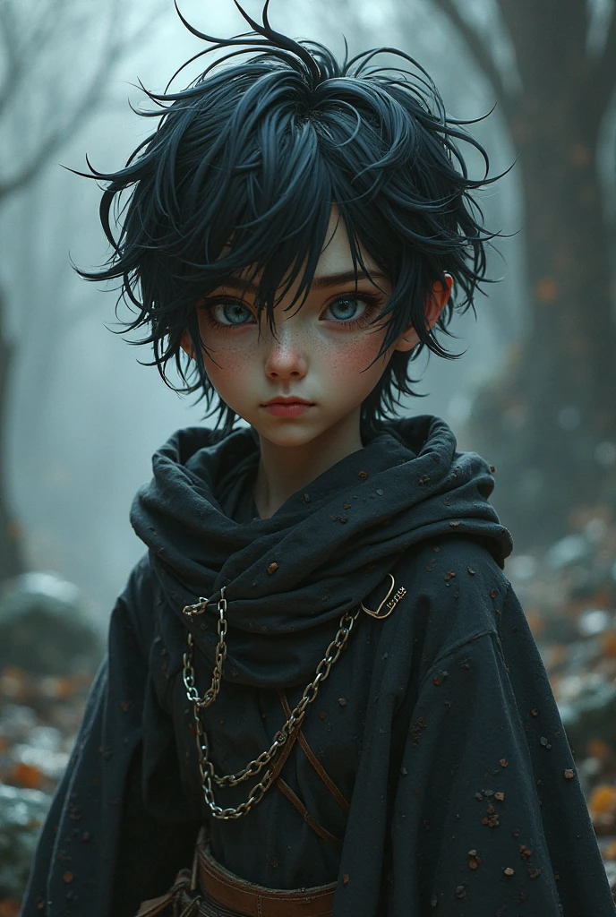 Create a 1 boy with digital realism, Her hair is black as night, long and messy, with locks falling over her pale face.
His eyes are dark gray, almost black, with a depth that seems to absorb the light. His eyes seem to contain a world of sadness and pain.
His face is pale and angular., with high cheekbones and a defined jawline. His mouth is a thin, stern line..
You wore black, with a long, dark cape that seems to envelop him in shadows. Her clothes are elegant and old-fashioned., with details that suggest a bygone era.