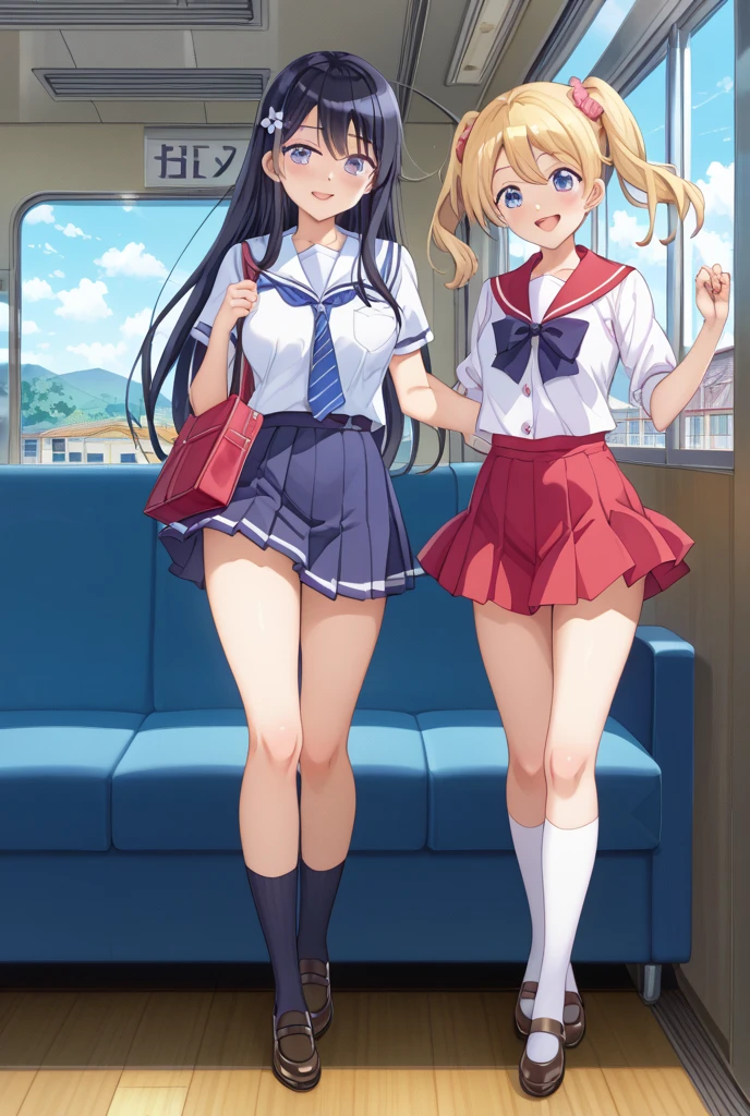 Tram stop passengers around Elementary school girl 8 years flat chest for the black broad The eyes are purple. ((1 person)) Sailor uniform long sleeve white upper body Navy blue underbody mini skirt white panties white socks sport boots standing at the stop Open your legs a little((I can see white panties)) FROM THE FRONT Dynamic Angle low angle