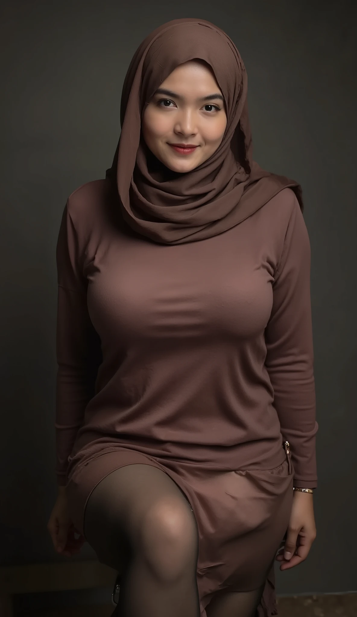A beautiful Indonesia hijab girl, has big big ass sexy body wearing a hijab climax face wearing no clothes except bras and stockings, the girl face looking at the viewer, horny face, seductive face, open her mouth slightly, in dark photo studio, cinematic light, big puffy nipple, spread her legs,