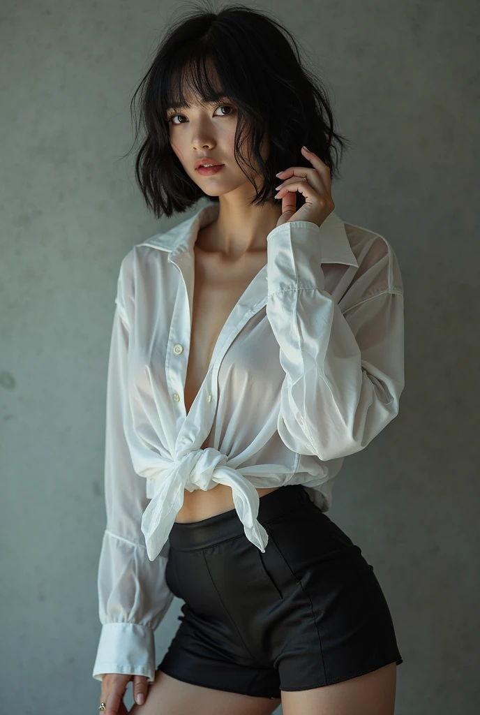 (8k, top quality, masterpiece: 1.2), (realistic, photorealistic: 1.37), super detailed, soft light, one girl, cute, alone, beautiful detailed sky, detailed café, open window, sitting, dating, blush, (smile: 1.15), (mouth closed), small, fine eyes, fine nose, rain, (short hair: 1.5), floating hair NovaFrogStyle((Relaxed pose)), cleavage, visible, ((relaxed pose)), silver hair, unkempt hair, narrow eyes, thin eyebrows, mature face, full shot body, ((collared shirt, lace, transparent shirt, shorts)), dark studio, rim lighting, ((outside rain, wet skin, wet window, wet shirt, wet hair, wet window)), blue light, long legs, [black lace underwear],