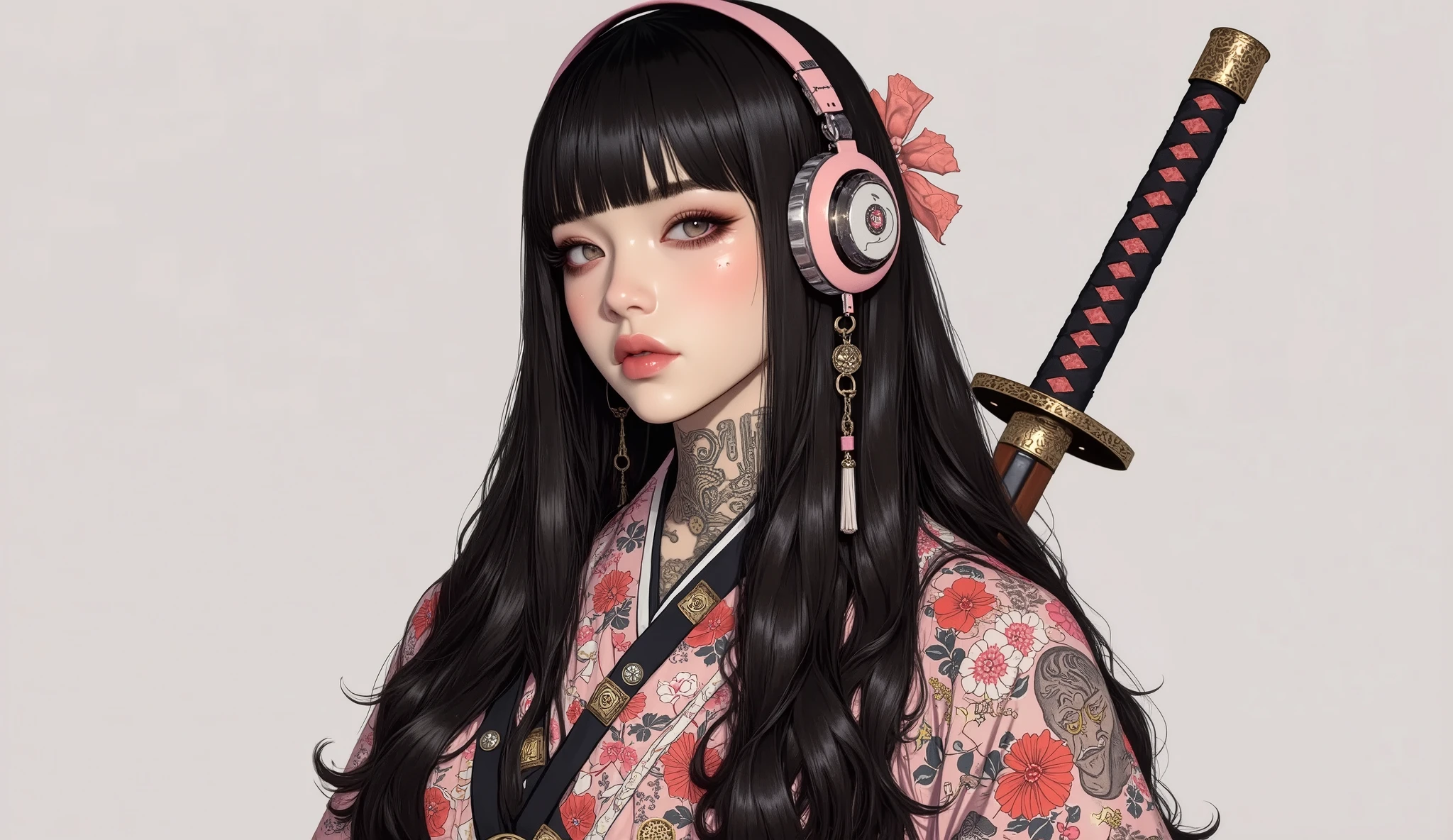 (masterpiece, ultra detailed,best quality,(((simple backgorund))), (((hip hop girl))), (((1 girl))), (((Flashy makeup))), (((Japanese style headphones))),((samurai sword at back )), (((kimono  ))),(((TATOO))), beautiful girl, long multiCOLOR Hair, Delicate and precise,