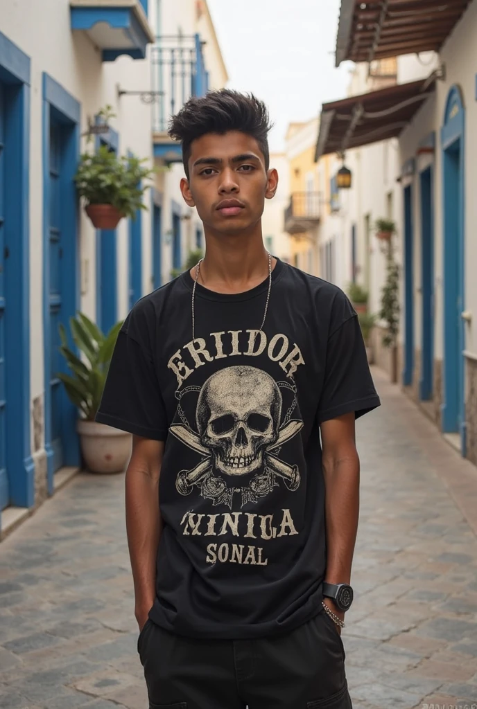 young peruvian, medium build, long hair, metal skater, with black calavera polo.