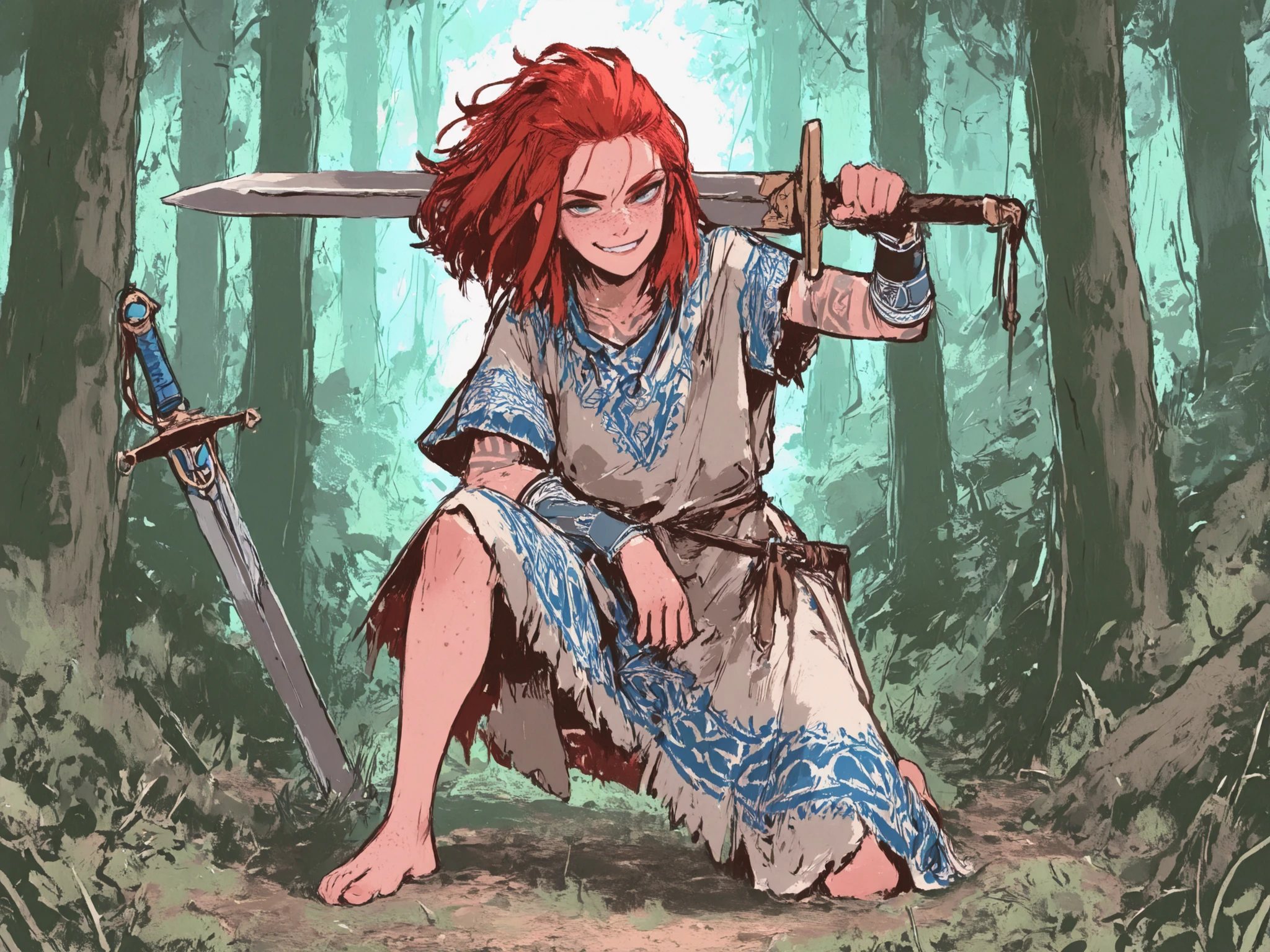 Full-length Celt Futanari warrior woman with freckles with disheveled protruding red hair with shaved temples athletically built with blue Celtic tribal tattoos in a loose linen tunic in antique style, sword , barefoot, in the forest, arrogant gaze, aggressive pose, cunning smirk, cock hangs from under the skirt