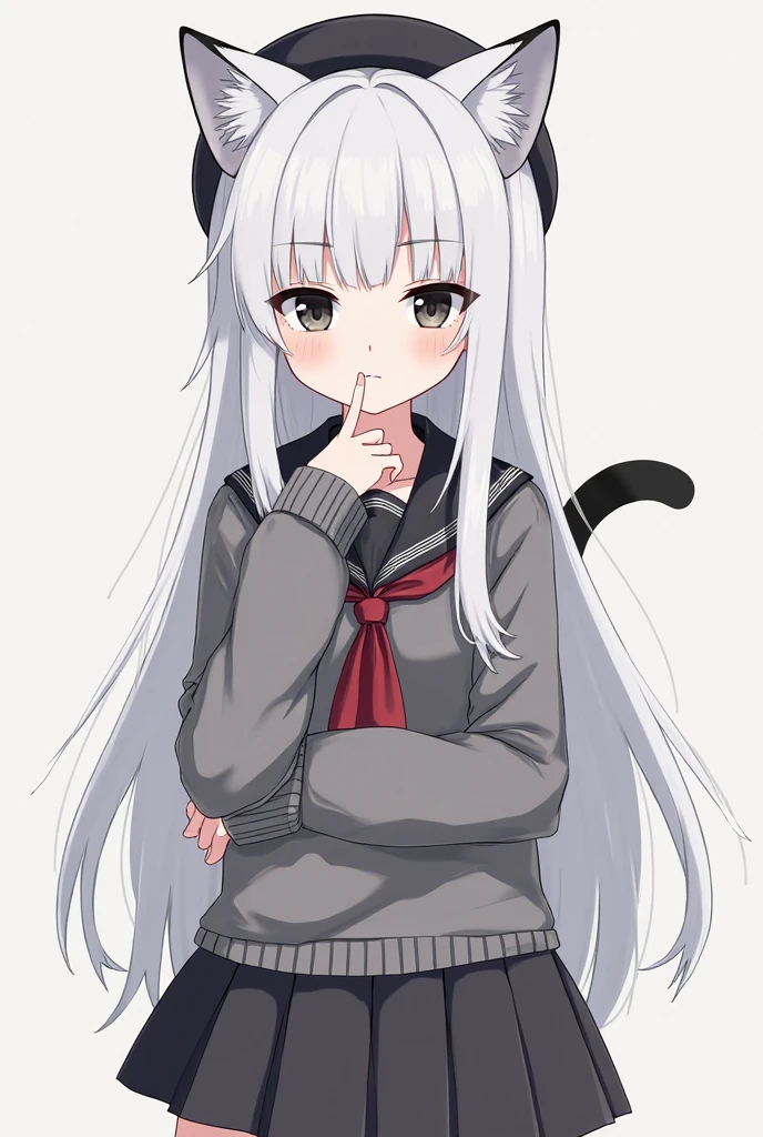 (a young black female wolf furry), black fur, short muzzle, cat-like face, white pattern between the eyebrows, white patterns from muzzle to between the eyebrows, white patterns on belly, white patterns on hand and legs, long white hair, straight bangs, brown eyes, kemomo, bbw, plump, young, chibi, little, cute background, fang, angry, korean school uniform
