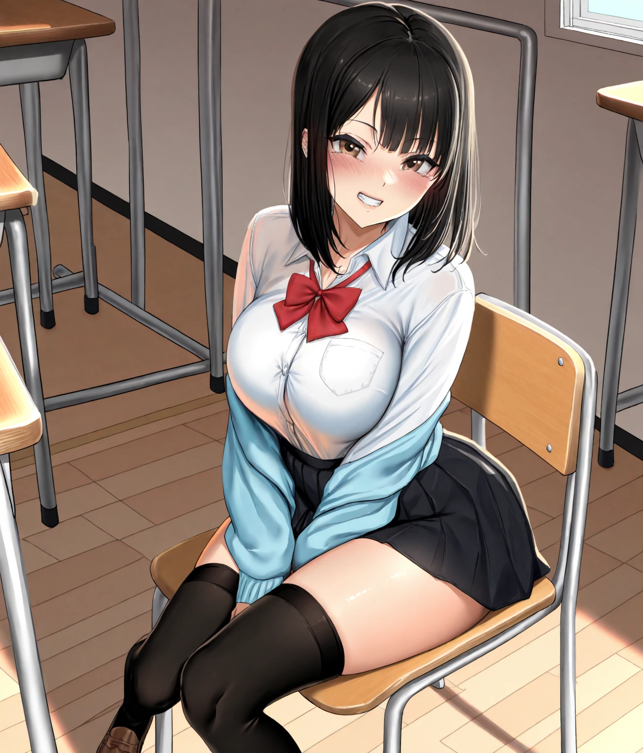 Ultra-detailed illustrations、Ultra-precise expression、masterpiece、Highest quality、ultra High resolution、High resolution、Hiromitsu Takeda Style、White background、Simple Background、classroom、Sit on a chair、Young、One girl、10th Generation、solo、Black Hair、Drooping eyes、Black glasses、Two short braids、Grey Eyes、Sailor suit、skirt、Pull down black tights、Pink Panties、Big Breasts、White Breath、Sweat、Pussy juice、Completely naked、pubic hair、Masturbation、