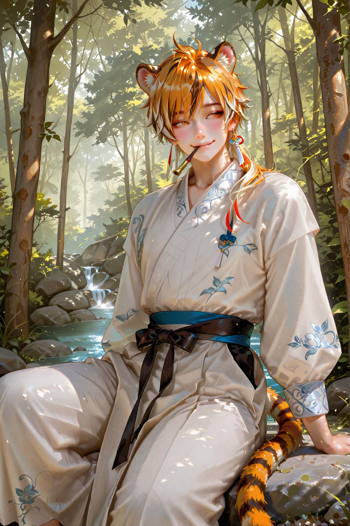 masterpiece, best quality, semi realistic, 8k, man, white korea traditional shirt, male white hanbok, lay down long tobacco pipe, forest background, smile face, naughty, sitting on rock, tiger color hair, orange eye, tiger ears, tiger tail, solo charactor, handsome