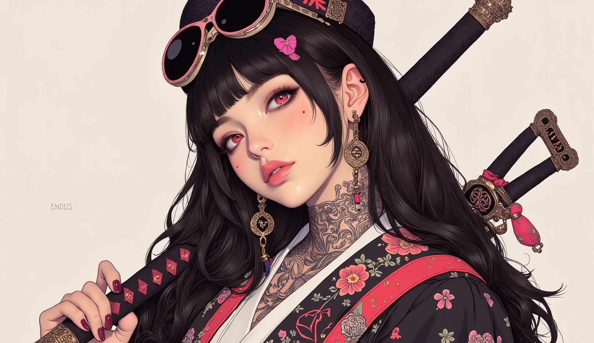 (masterpiece, ultra detailed,best quality,(((simple backgorund))),HALF BOCY (((hip hop girl))), (((1 girl))), (((Flashy makeup))), (((Japanese style headphones))),((samurai sword at back )), (((kimono ))),(((TATOO))), beautiful girl, long multiCOLOR Hair, Delicate and precise,
