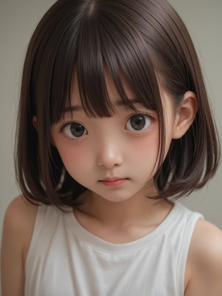 (A photo of your face:1.25), 6 years old, (Baby Face), (Round face), One Japanese woman, beautiful girl, Pretty face, (View your audience), (Standing facing the camera), (smile), (Beige tank top)、(Pure white background:1.2)、Mouth closed