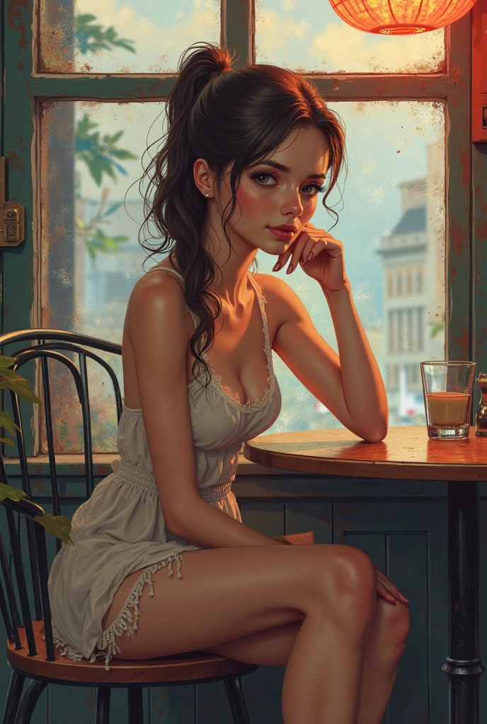 there is a woman sitting on a stool in a dress, digital art of an elegant, pinup art, fully clothed. painting of sexy, style ivan talavera and artgerm, stunning digital illustration, artgasm, beautiful digital illustration, style artgerm, pinup, artgerm and warren louw, martin ansin artwork portrait, comic pinup style