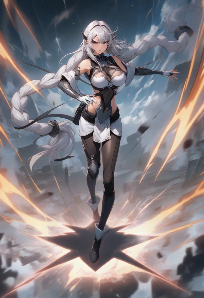 a girl, female focus, (a girl from the Dragon Ball universe) (the girl would wear black clothes, very tight on her body) slim muscles, ripped muscles, the girl would be raising her ki, she would have medium breasts, white hair, pretty face , beautiful girl, (the girl would be from the Saiyan race from Dragon Ball), (she is showing off her body in a sexy way, leaving her private parts well exposed with extremely tight clothes, she is a futanari with a huge penis, she would have a huge penis protruding from his genitals).