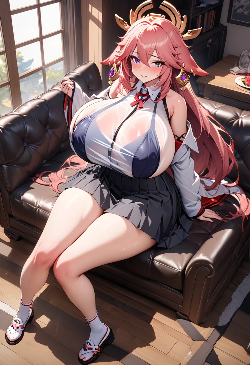 8k, masterpiece, best quality, ultra detailed, Ultra-high resolution, Highly detailed CG, break, 1girl, Yae Miko\(genshin impact\), kawaii, nsfw, gigantic breasts, slender, (translucent school uniform:1.2), full body, indoors, sitting on sofa