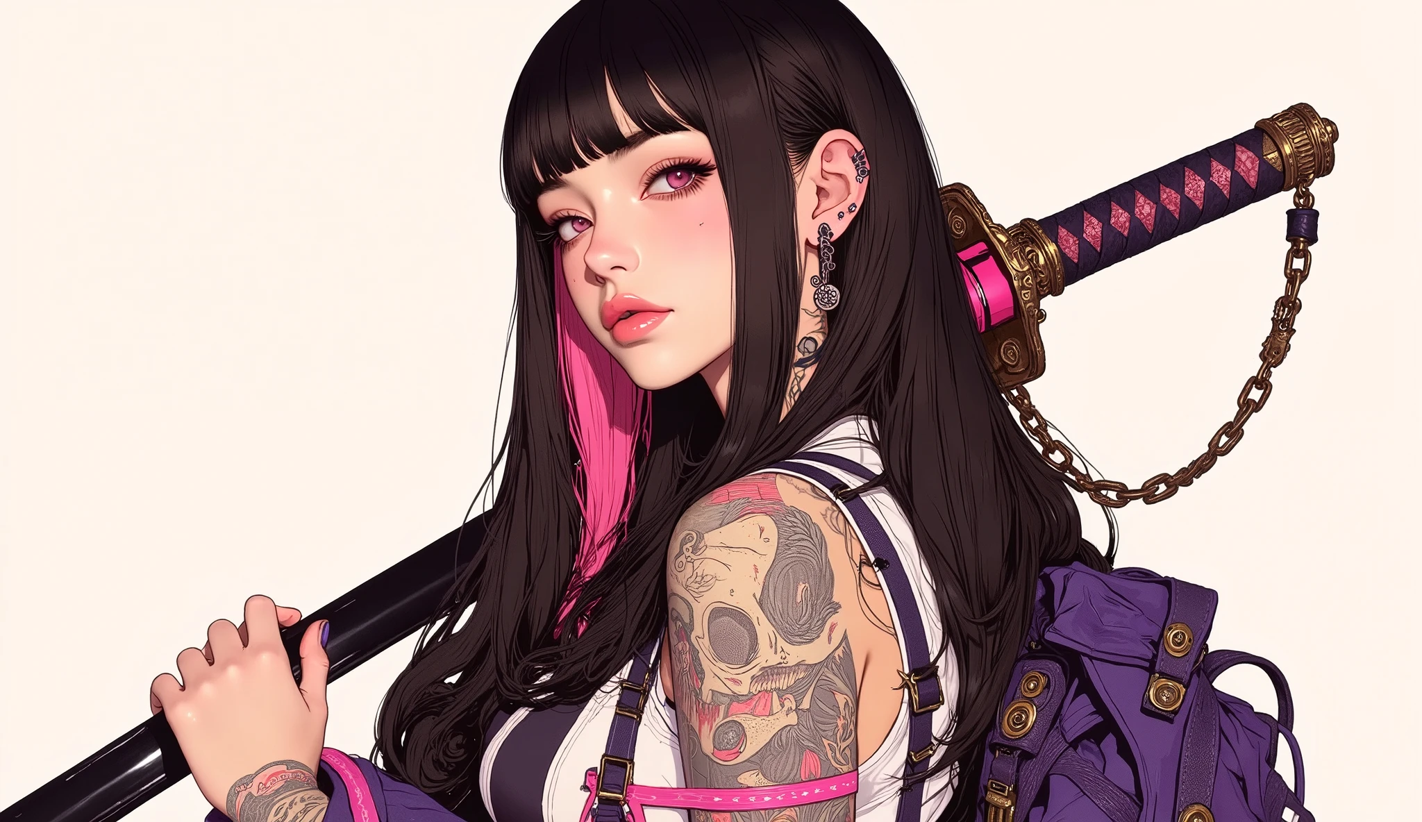 (masterpiece, ultra detailed,best quality,(((simple backgorund))),HALF BOCY (((hip hop girl))), (((1 girl))), (((Flashy makeup))), (((Japanese style headphones))),((samurai sword at back )), (((kimono ))),(((TATOO))), beautiful girl, long multiCOLOR Hair, Delicate and precise,