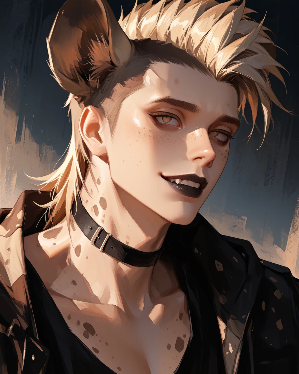 score_9 , score_8_up , score_7_up , source_anime, masterpiece, better quality, amazing quality, hyperdetailed, newest , is very aesthetic, highly detailed image, detailed eyes, high detail eyes, Semi-realism art, Semi-realism art style, Mature, 1 Man, Handsome, Solo, Demi-human hyena, Human body, Human head, Human facial features, Human nose and lips, Black lips, Fluffy round hyena ears, Blond-brownish modern mohawk hair, Beady black matt eyes, Big pupils, Fair skin gradually fades to black from neck down, Black skinned limbs, Spotted skin with brown spots, Brown spots on his face, Mischevious amused expression, Grinning, Sharp canines, Black nails, Modern rockstar clothes, Black choker, Dynamic angle, Close-up portrait
