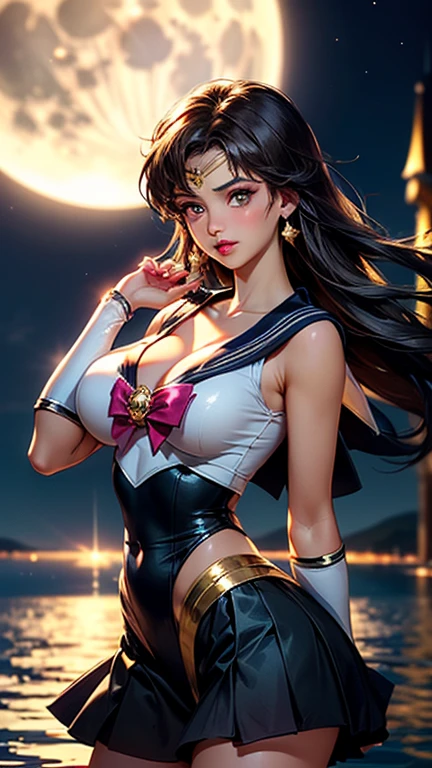 Best quality, 8K, woman retro super hero futurism, beautiful and detailed face, big eyelashes,LOOKING TO observer, ponytail,BLUE hair, long eyelashes, RED leotard, cleavage, GOLDEN metalic details, light GRAY pantyhose, sheer WHITE gloves,sci-fi RETRO SPACESHIP scenario