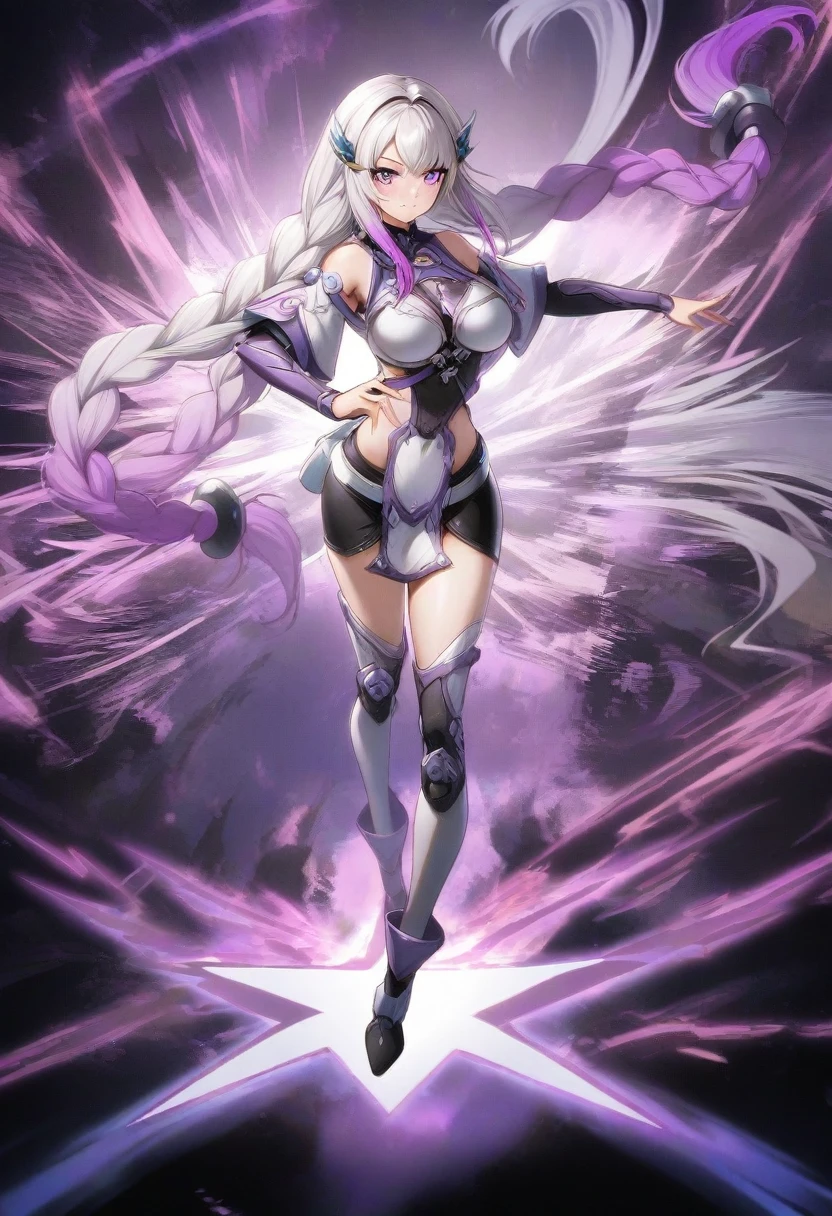 Horror Art, (Dark Anime Alien Girl), (((((Purple skin))))), (((((White Steel Hair))))), bright, Black cloth, sharp short clothes, Dark fantasy setting, Dark Cave,Ray Tracing, masterpiece, Highest quality, super high quality, Absurd detailed, best Light, Best Shadow, sharp, sharp image, detailed, extremely detailed, Incredible resolution, 8k, 4K, Ultra-high resolution, Particle Effects, Beautiful Effects, Vibrant colors, neon Light, neon, Light,(corruption:1.2),(Hollow Eyes:1.2),(Groin tattoo:1.3),(Lower abdomen tattoo:1.3),(Wicked Smile:1.3),(masterpiece), (Highest quality), (Super detailed), One girl, Red eyes