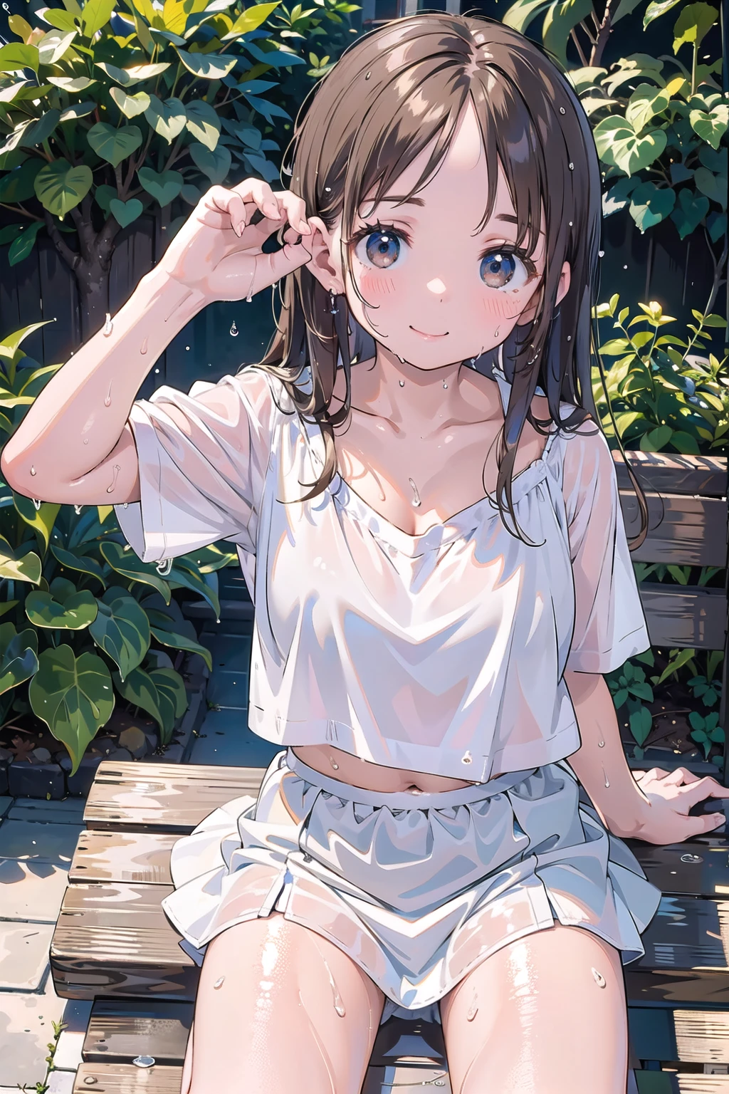 masterpiece,best quality,dutch angle,Ultra detailed,8K,realistic,ultra detailed,highly detailed,physics-based rendering,cinematic lighting,1girls,flat chest,naked,crying,pussy cum,, street,on Bench,to love  ru,mikan Yuuki ,garden
