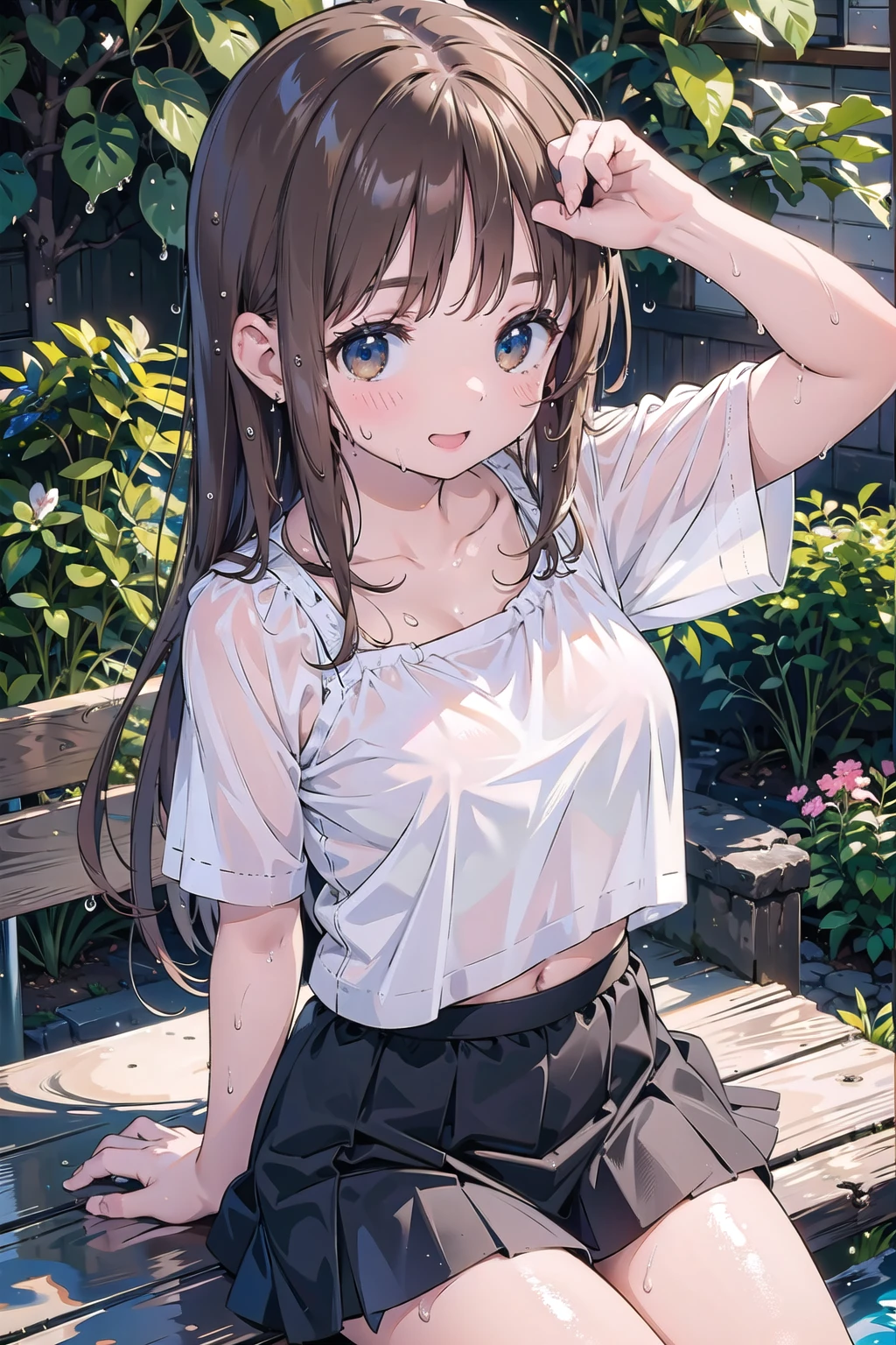 Highest quality、high resolution、High definition、HD、sports gym、(Nitta Minami、Long Hair、Medium chest、Brown Hair、Brown eyes、Glossy lips、Glowing Skin、Realistic skin texture、White blouse、necklace、Denim long skirt、A walk in the park、Date)、Love me、Stretch out your arms towards me、blush、Open your mouth、smile)、(Top view)