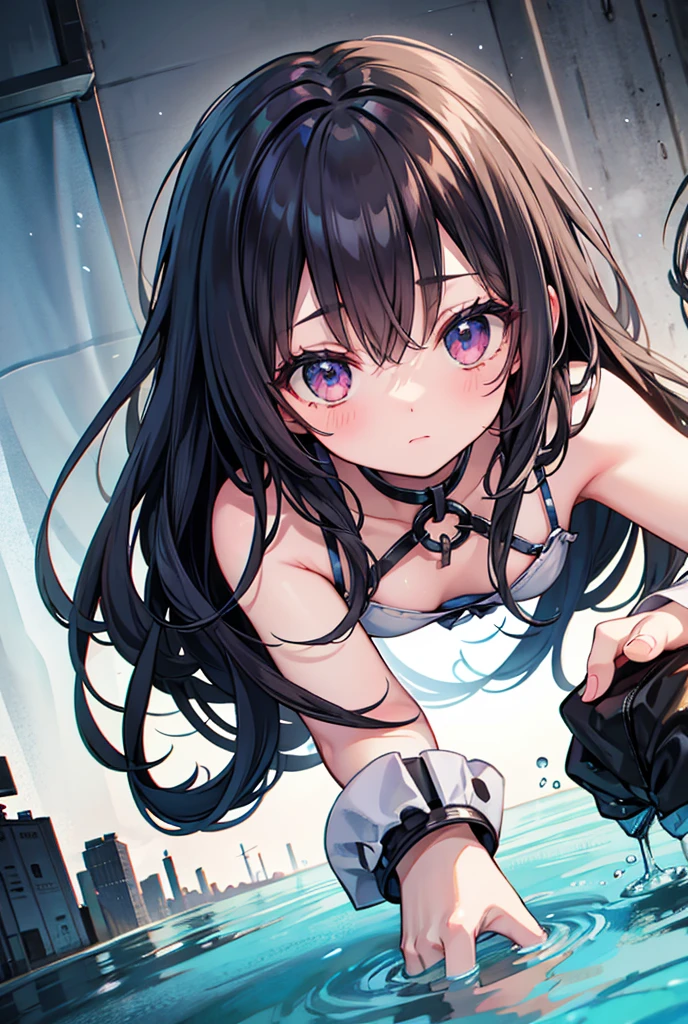 masterpiece,anime style,chibi,sexy girl,black hair,shoulder length hair with two pigtails,black jacket,with headphones,lo fi background,smiling,big breasts,listening to music,waiting on the right side of the image,showing cleavage,full body,standing,black t-shirt,alone,