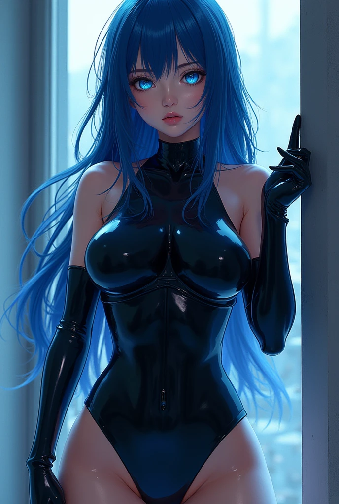 ((highest quality)),(ultra high resolution),(Super detailed),(detailed description),((best CG)),(best work of art),super precision art, great drawing art,(Art with precise details:1.5), 1 girl, solo, ((blue hair)), ((blue eyes)), beautiful face, long eyelashes, natural eyebrows, ((pink latex suit)), ((sitting sexily)), (comfy couch), (looking at viewer), earrings, ear piercing, large breasts, thick thighs, cleavage, pale skin, flirty smile, juicy lips, posing sexily, sultry eyes, ((long bangs)), ((black choker, necklace)), (cat ears)