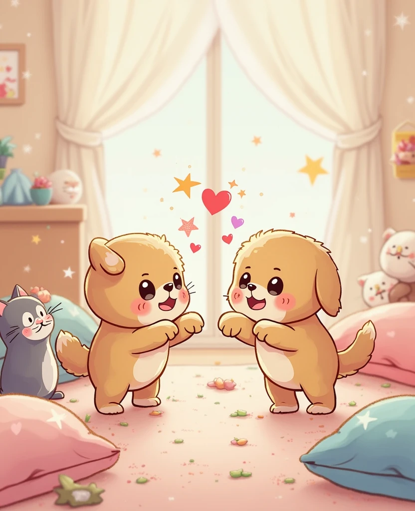 A whimsical illustration of two fluffy puppies playfully boxing each other with adorable "nyan nyan punches", in mid-air with exaggerated motion lines, pastel colors, sparkles and hearts flying around them, chibi-style, with one cat slightly surprised and the other confidently smirking, in a cozy room filled with cat toys and pillows, warm lighting
