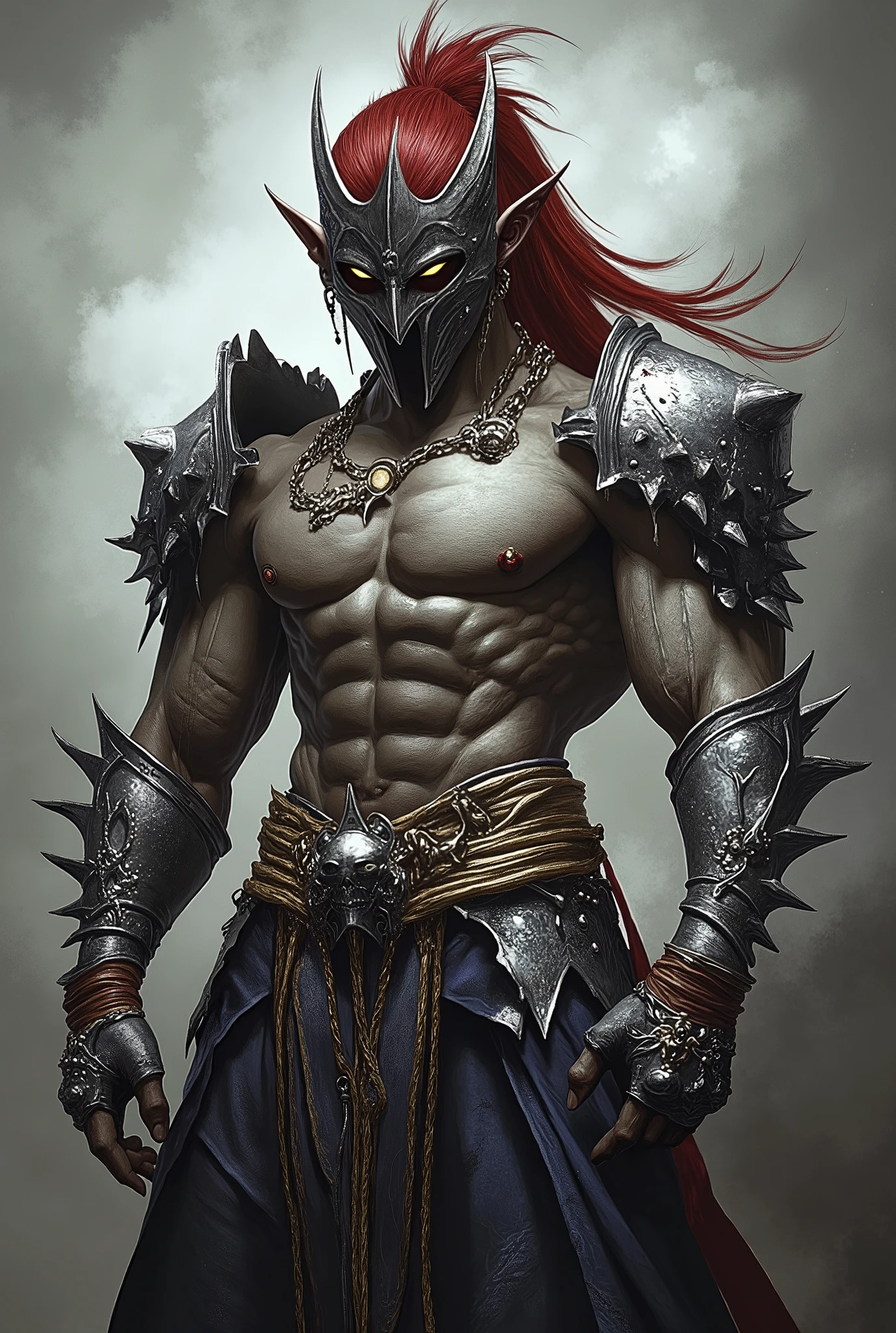 UHD, retina, masterpiece, accurate, anatomically correct, super detail, best quality, 8k, extremely precise in every detail, beautiful detailed glow, beautiful attention to detail, beautiful detailed eyes,(a male martial artist is in a martial arts stance in the fog), (wearing a black steal body armor), BREAK (wearing full-length dark-grass colored cargo pants), wearing an iron mask over his mouth, BREAK (long red Mohawk), Sharp brown eyes, a Japanese battle manga character, Buff body, muscular body, tanned body