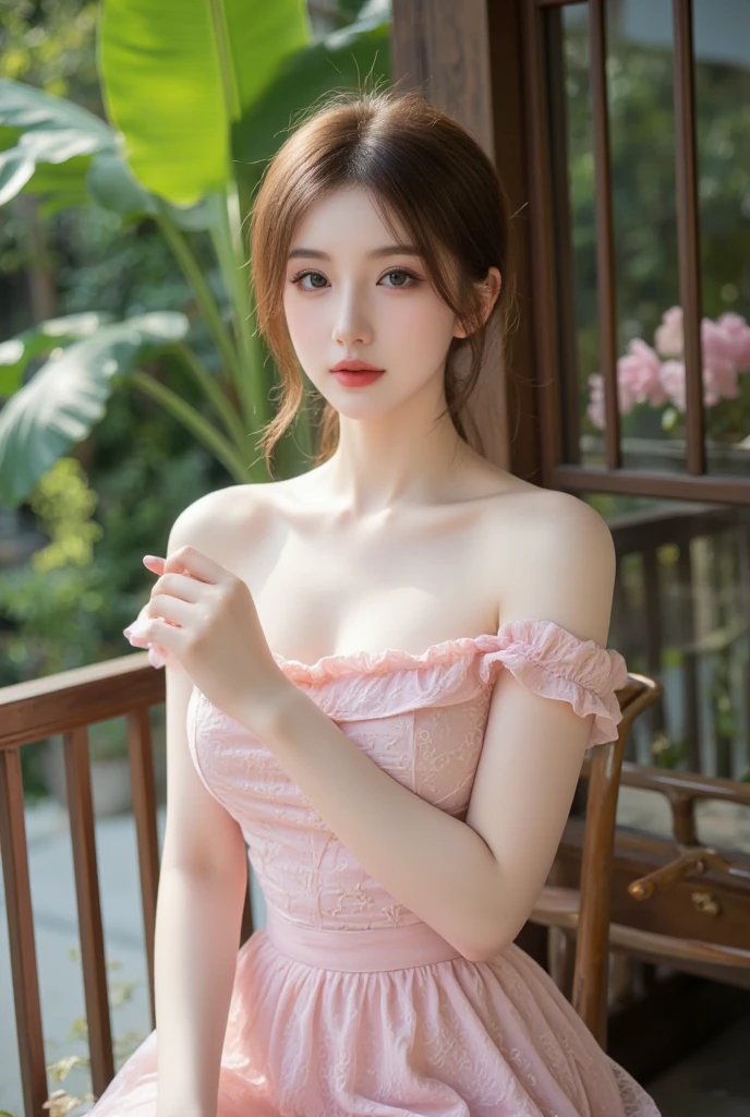 Caucasian 14 year old girl、background blur、Super high quality、sunlight、Off-the-shoulder short dress、Fair-skinned beautiful girl、messy long hair、small cleavage、A fleeting look、clear outline、Mature atmosphere、high definition skin、plump body shape、trying to kiss、trying to take off clothes