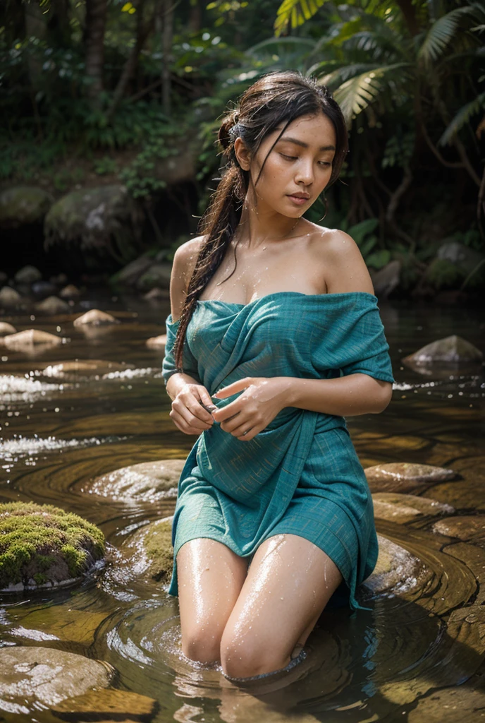 Indonesian woman aged 35 years who is very beautiful, her body is a little fat. Her body is covered with a transparent cloth.  Sit and bask in the sun, in a clear river, realistic, 8k, hd