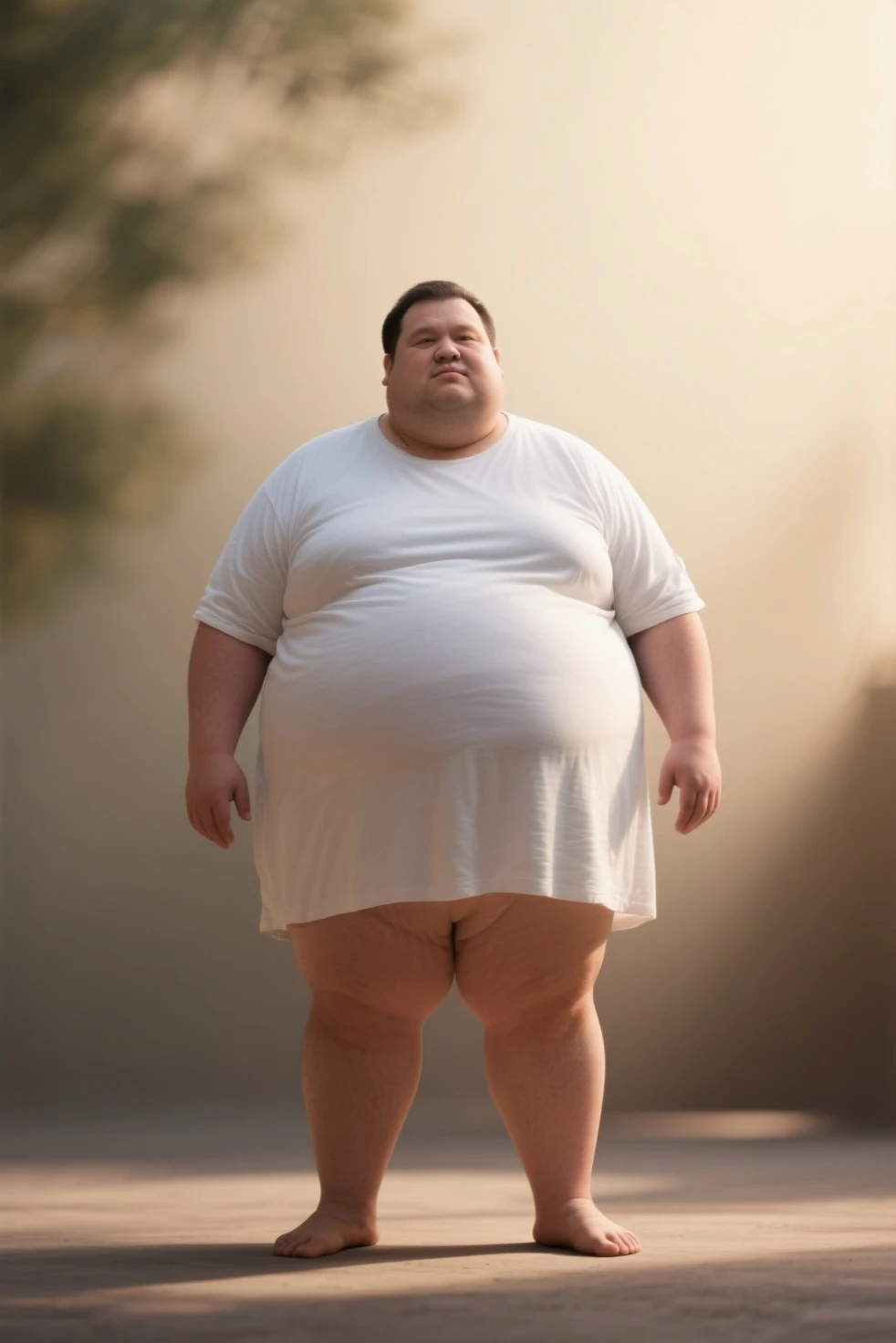 An extremely overweight and naked man walks backwards in a white room. He can be seen from behind. The man is very hairy. He stretches out his left hand a little. It looks very realistic.