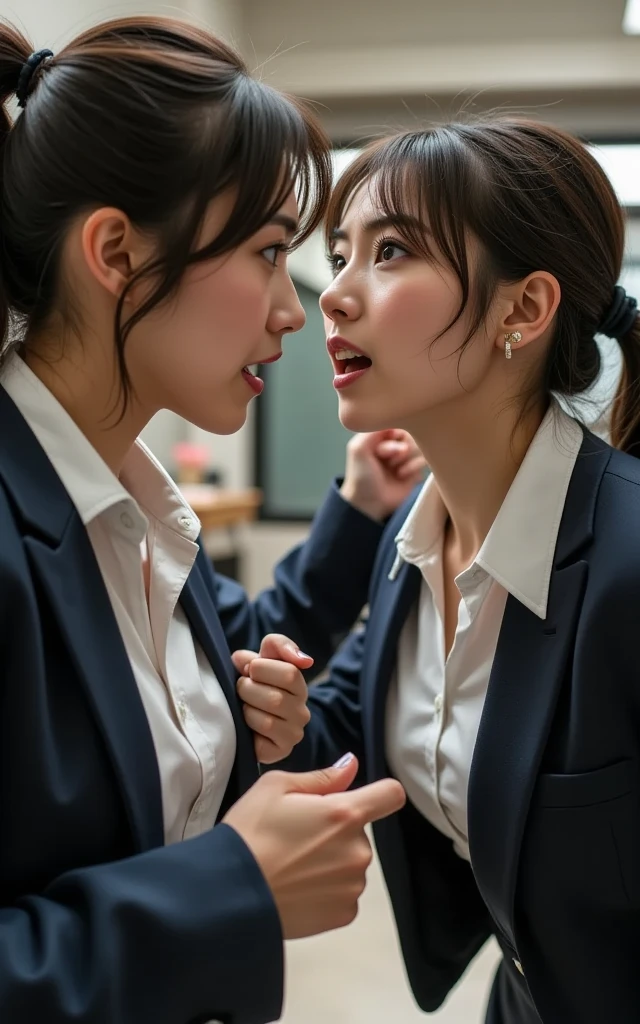 (((Women Fight))), (((Punch in the face))), Fiercely Expressive Female Faces,realistic,4K,high definition,Ultra Pictorial,Expert Level,Realistic Shadows and Highlights,Fine texture,Vivid Skin,Strong Eyes,Angered expression, fine hair ,Realistic Backgrounds,Dramatic Light and Shadow,dynamic composition,Precise Details,Refined Coloring,business suit,office