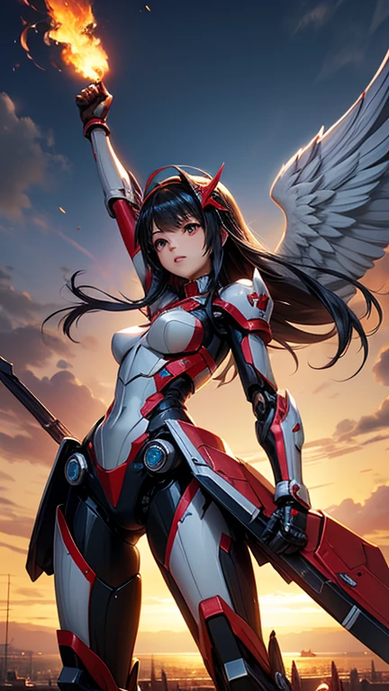 ((Highest quality))、((masterpiece))、(detailed)、((Anatomically correct))、One Woman、aldult、(look at me)、whole body、jump、(shoot from front)、(Ultra-glossy skin with attention to detail:1.1)、Glowing Skin、bangs、Short Hair、Beautiful black hair、(Beautiful Eyes:1.3)、Slim figure、medium breasts、Cleavage、Erect nipples、red、headgear、Arm Armor、Mechanical wings from the back、Blue core in center of chest、Future City、
